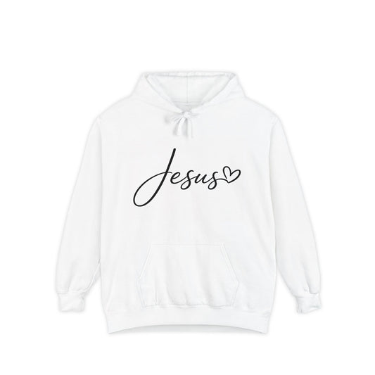 Jesus Script Hoodie — Faith Graphic Pullover with Heart