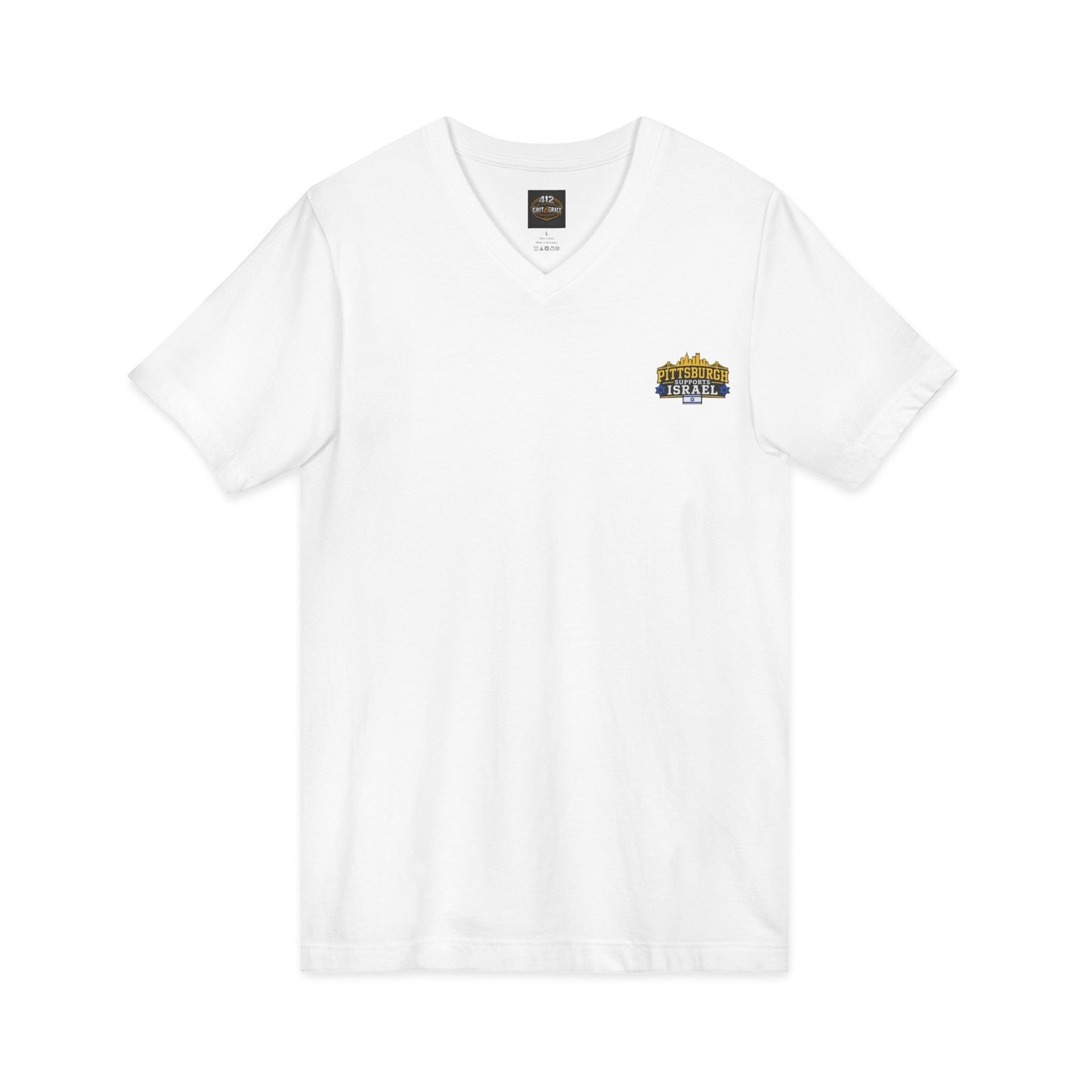Classic V-Neck Tee with Small Gold & Navy Crest Chest Logo