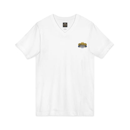 Classic V-Neck Tee with Small Gold & Navy Crest Chest Logo