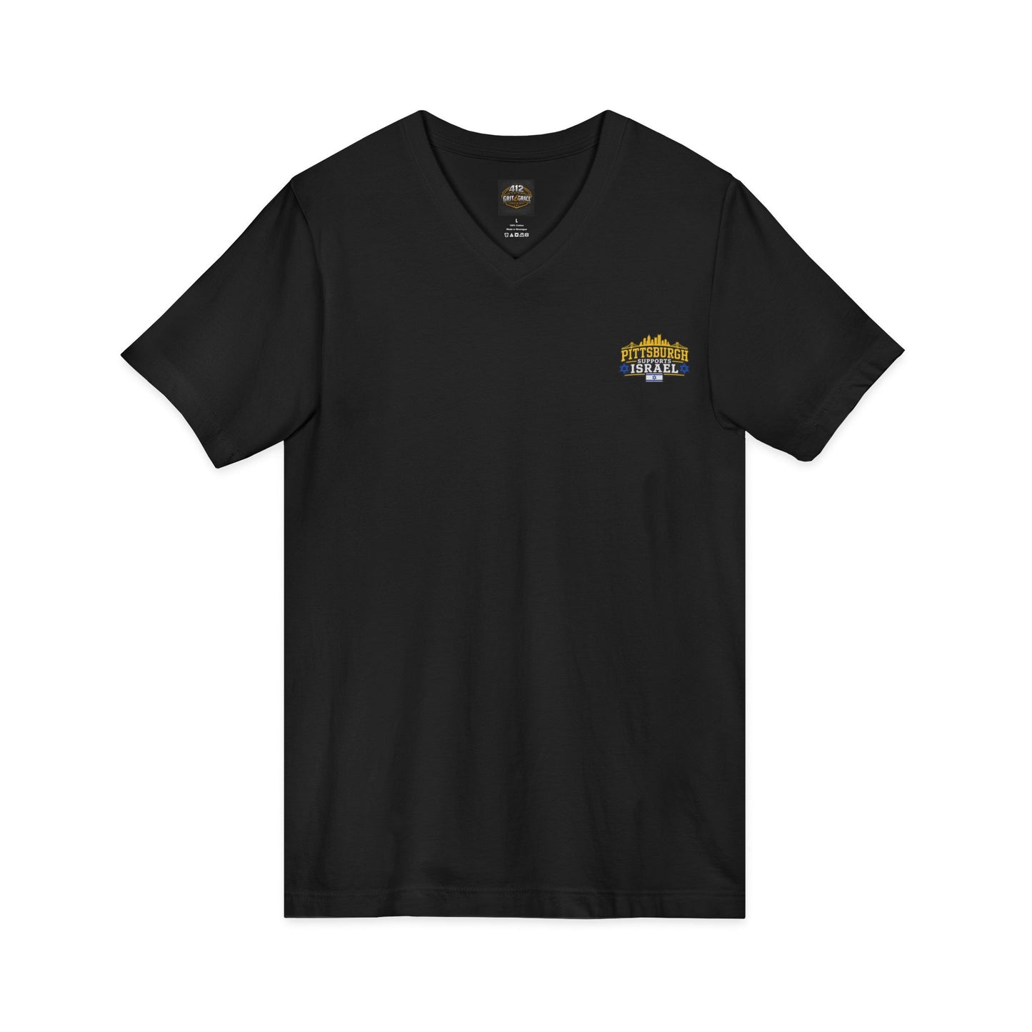 Classic V-Neck Tee with Small Gold & Navy Crest Chest Logo