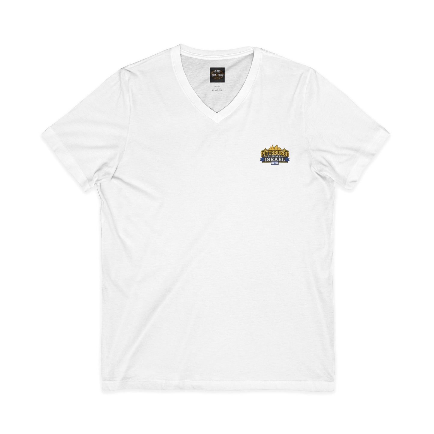 Classic V-Neck Tee with Small Gold & Navy Crest Chest Logo