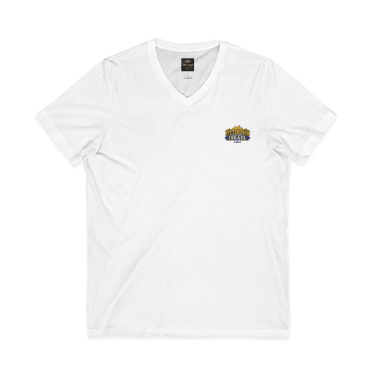 Classic V-Neck Tee with Small Gold & Navy Crest Chest Logo