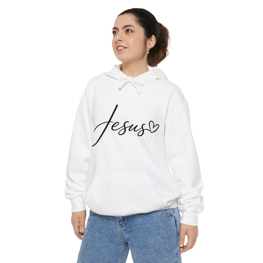 Jesus Script Hoodie — Faith Graphic Pullover with Heart