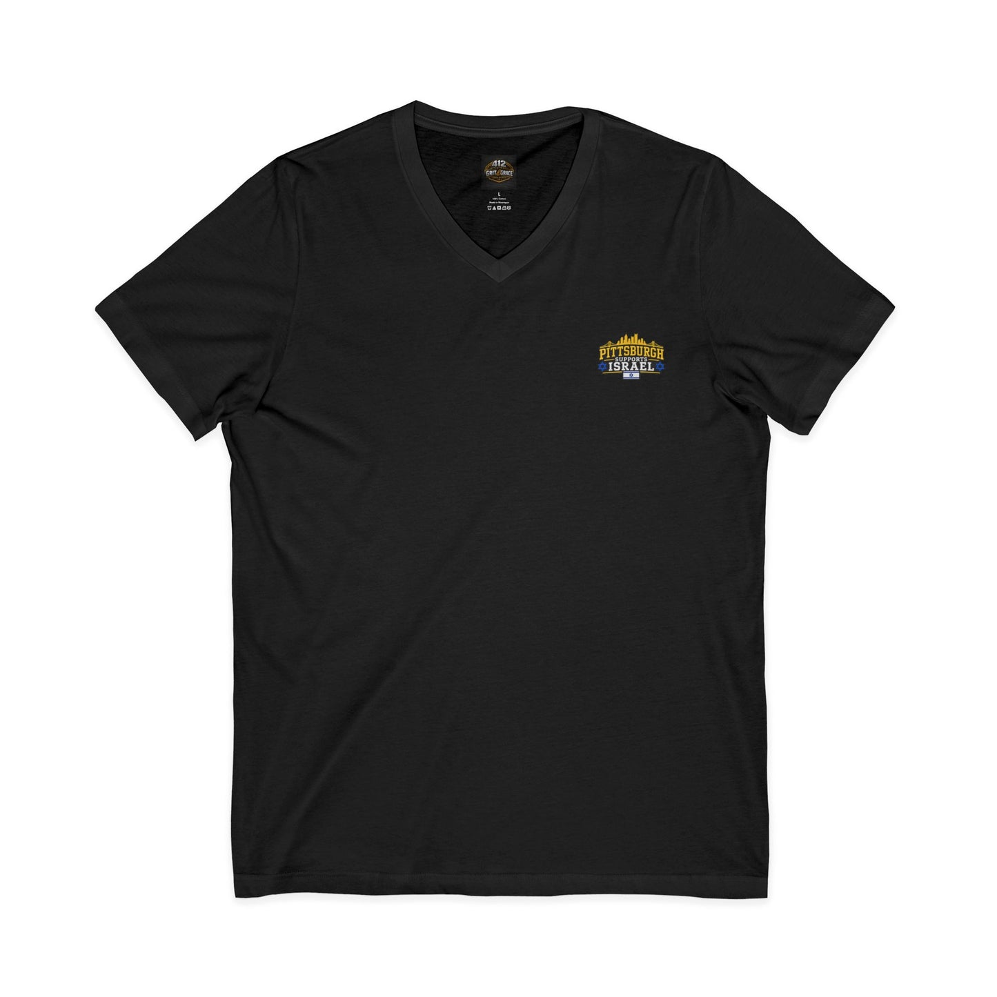 Classic V-Neck Tee with Small Gold & Navy Crest Chest Logo